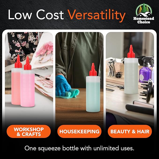 6-pack Plastic Squeeze Bottles for Sauces - 8oz Condiment Squeeze Bottles for Liquids - BPA Free Squirt Bottle with Twist Cap - Ketchup, Syrup, Oil, Dressings, Honey & Arts and Crafts