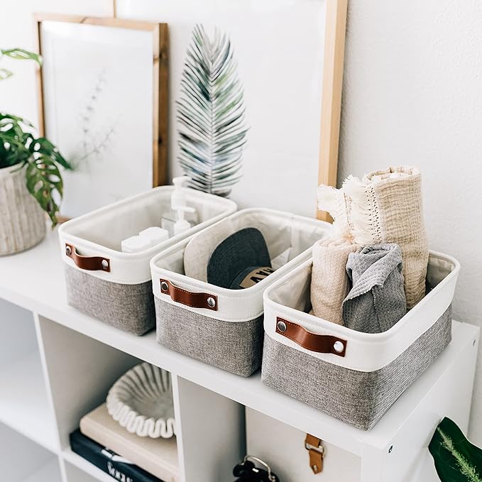 OrganiHaus Small Fabric Storage Bins for Shelves 3 Pack, 12x8in Closet Storage Bins for Shelves, Cloth Baskets for Organizing, Linen Closet Organizers, Fabric Basket, Shelf Organizer Bins Gray/White