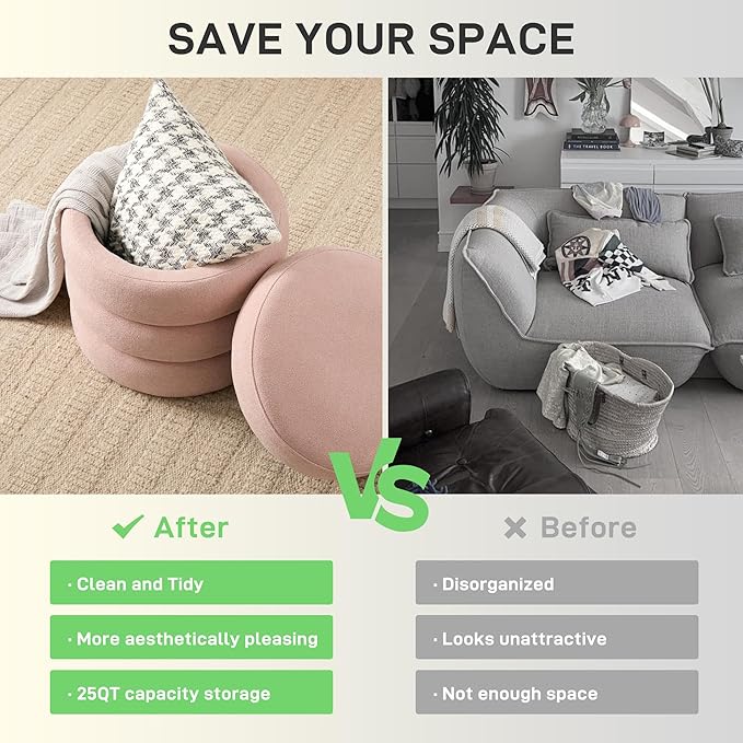 Round Ottoman with Storage Boucle Ottoman Stool Removable Lid for Living Room Modern Upholstered Vanity Storage Stool Foot Rest Bedroom Dorm Gift Set of 1 (Pink)