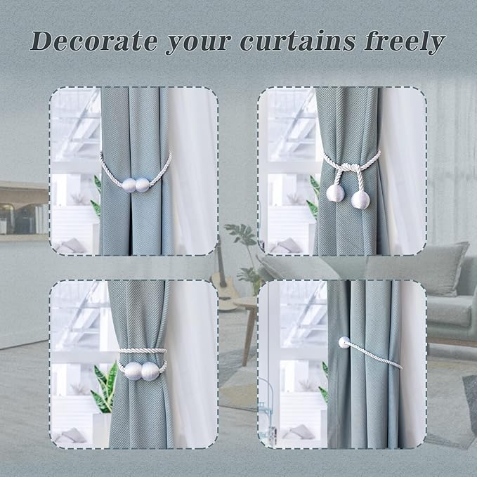 Hion Magnetic Curtain Tiebacks White 4 Pack, Curtain Tiebacks Buckles Holdbacks Holders Hooks Clip for Home Bedroom Office Decorative Thick or Thin Curtain