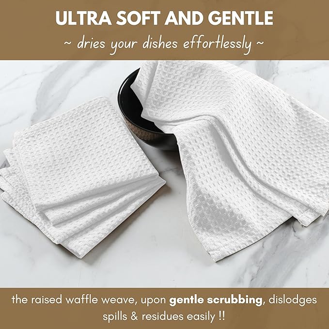 Native Fab Cotton Kitchen Towel with Hanging Loop 16x26 inches, 4-Pack, Waffle Weave Kitchen Towels for Cleaning Drying, Washcloths Soft & Absorbent Cloth Rags, Bar Towel, Dish Cloth, White