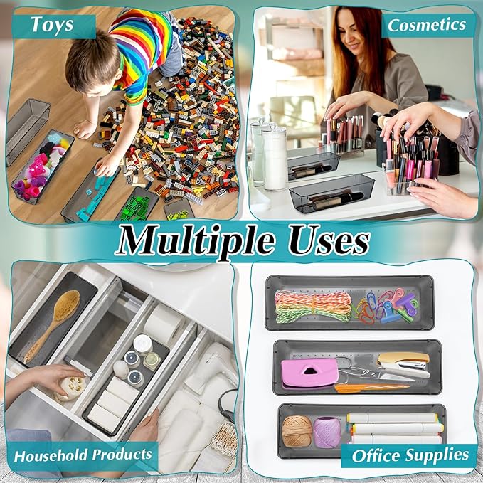 Maitys 12 Pcs Vanity Drawer Organizer 9 x 3 x 2 Inches Clear Plastic Utensil Organizers Kitchen Drawers Dividers for Office Desk Silverware Kitchen Utensils Cosmetics and Bathrooms(Black)