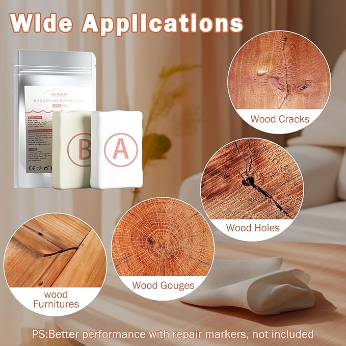 SEISSO Epoxy Putty Filler for Door Frame Repair, 200g/7.05 Oz Fast Repair AB Epoxy Putty, Wood Repair Putty for Cracks, Holes, Wooden Furniture, Cabinets & Composite Panels, Paintable & Stainable