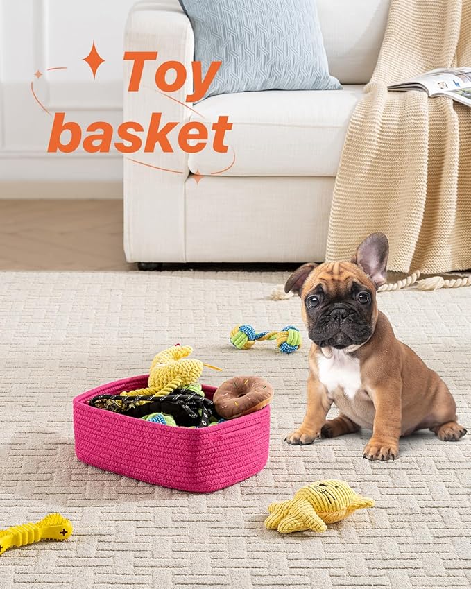 Small Woven Basket, 12 x 8 x 4.5 Inches, Storage Basket for Organizing, Cute Small Rope Shelf Closet Cube Storage Bins Baskets for Shelves, Dog Toy Gift Baskets Empty, 3 Packs, Hot Pink