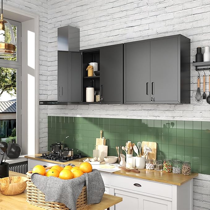 Garage Wall Cabinet with Doors and Shelves, Metal Wall Mounted Storage Cabinet with Lock, Hanging Tool Cabinet for Garage Utility Room, Black