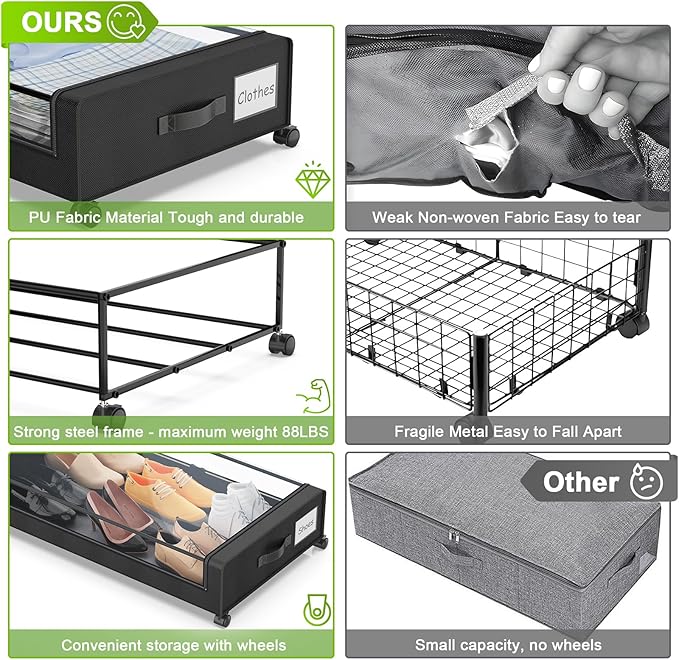 Under Bed Storage with Wheels, 4-Pack Under the Bed Storage Containers with Clear Lids & Label, Underbed Storage Bins, XXL 60L Rolling Metal Drawer for Clothes, Shoes, Toys, Books - Black