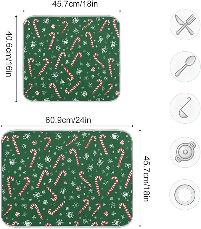 Christmas Candy Cane Dish Drying Mat for Kitchen Countertop 16x18 Winter Snowflake Green Xmas Small Drying Mat Reusable Quick Dry Dish Sink Mats Easy Clean Decorative Essentials