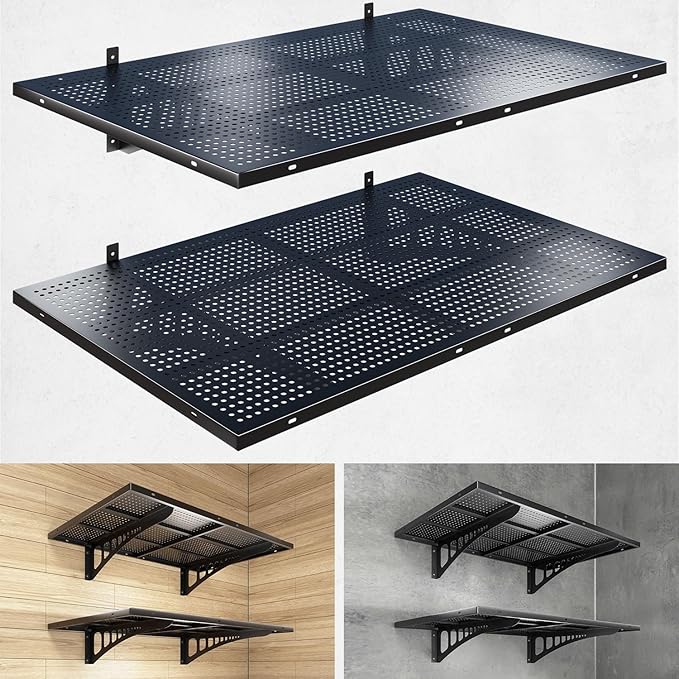2-Pack 2x3ft Heavy Duty Garage Wall Shelving, 500 lbs Load Capacity, Garage Shelving Wall Mounted, Garage Storage Rack with Hooks, Black
