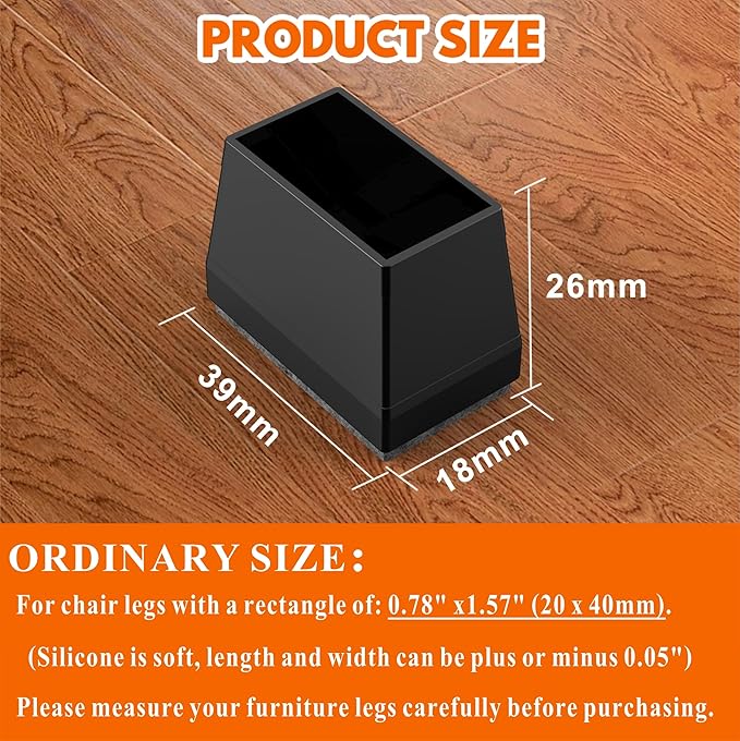 Rectangle Chair Leg Protectors for Hardwood Floors,16 PCS Silicone Covers to Protect Wood Tile Floors Felt Pads Furniture Leg Caps Reduce Noise. Easy to Move.(Black,2X 4 cm,Rectangular)