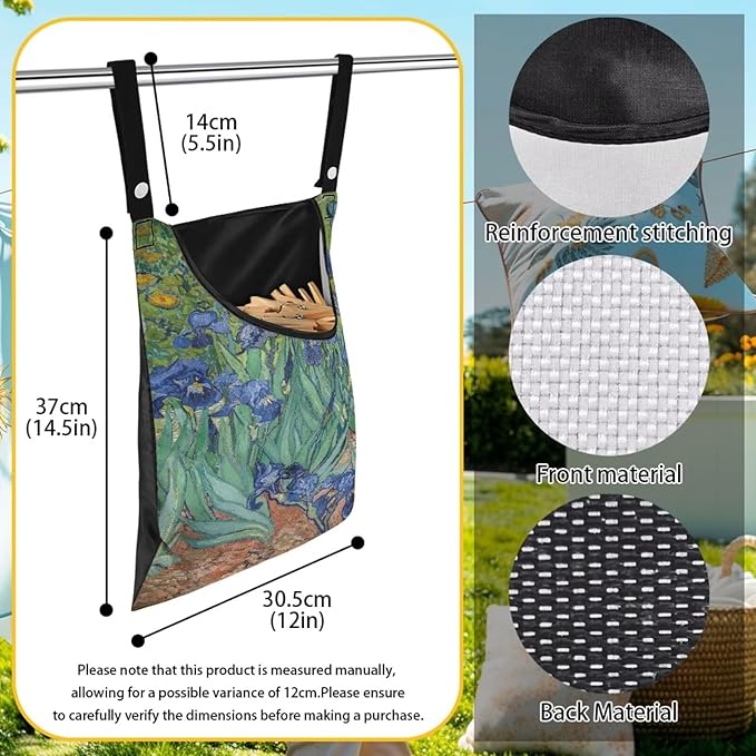 Famous Oil Painting Iris Print Home Clothespin Organizer Bag 14.5"x12" - Large Opening Design for Easy Access - Weather Resistant Hanging Storage Solution for Laundry Rooms Decor