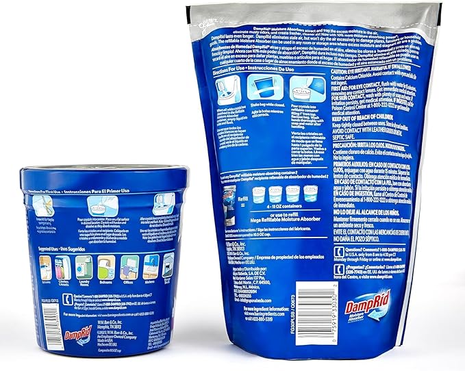 Damp Rid Refillable Moisture Absorber, Includes Single Damp Rid Pure Linen 11oz. Cup & 44oz. Refill Bag - Moisture Absorbers for Closet, 10% More Absorbing Power*, Cleaner Air - ILIOS Packaging.