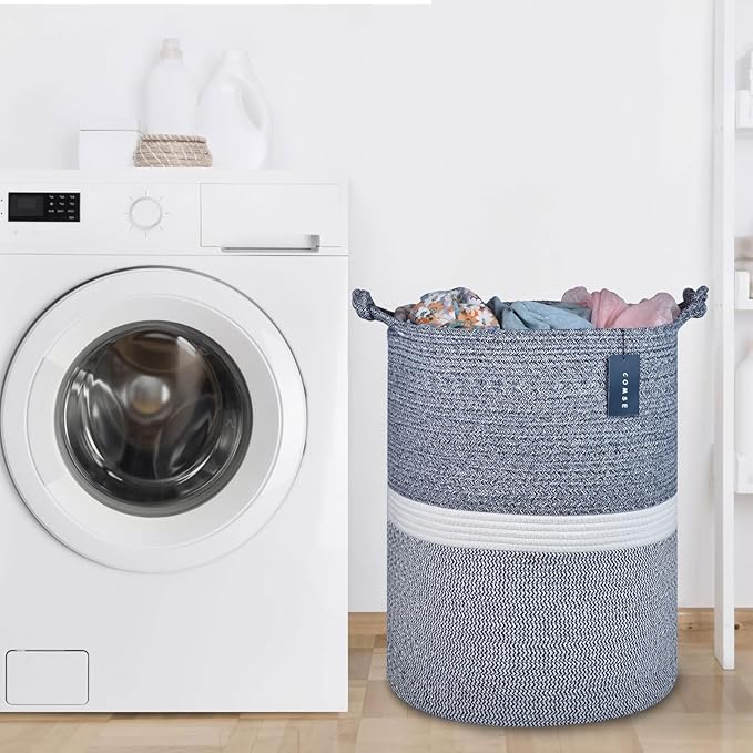 COMSE Extra Large Blanket Basket, Tall Woven Storage Basket, Nursery Hamper, 15.7”x 21.7”, Cotton Rope Laundry Hamper for Toys Clothes Towels, Blend Navy Blue/White