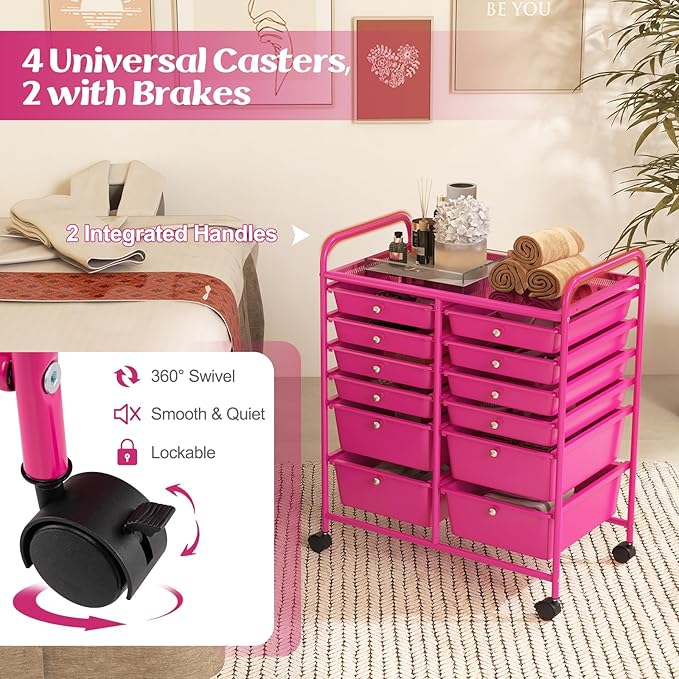 GOFLAME 12-Drawer Rolling Storage Cart, Multipurpose Organizer Cart with 2 Sizes Plastic Drawers, Mobile Utility Cart with Lockable Casters for School, Home Office, Beauty Salon, Hot Pink