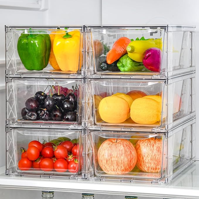 6Pack Pantry Organizers and Storage,Clear Stackable Kitchen Storage Organizer,Foods Organizer Bins with Handles, Easily Assemble for Bathroom, Kitchen, Refrigerator, Pantry, Cabinet, Closet