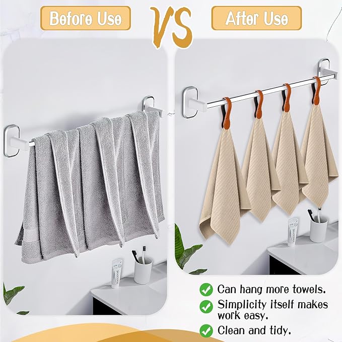 4 PCS Genuine Leather Towel Clips for Kitchen, Magnetic Hand Clips, Towel Holder with Magnet for Rods and Racks, Bathroom Accessory (Light Brown)