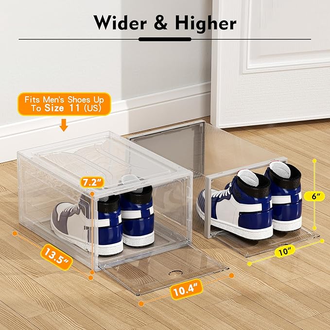 Upgrade Harder Solid Plastic Shoe Organizer, Shoe Storage with Magnetic Front Door, Shoe Rack 6 Pack Shoe Boxes Clear, Sneaker Storage, Shoe Organizer for Closet, Shoe Display Case, White