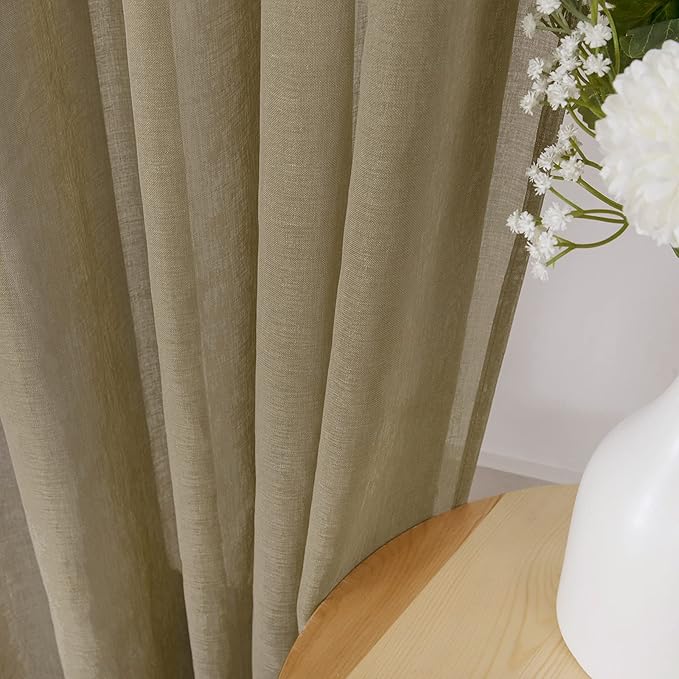 Tollpiz Short Sheer Curtains Linen Textured Living Room Curtain Sheers Light Filtering Rod Pocket Voile Curtains for Bedroom, 42 x 45 inches Long, Taos Taupe, Set of 2 Panels