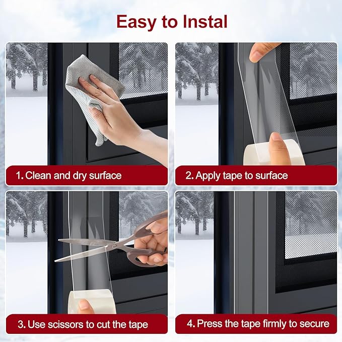 Transparent Window Weather Sealing Tape - 2-Inch x 33 Feet, Airtight Insulation Tape That Blocks Drafts, No Residue Removable Adhesive