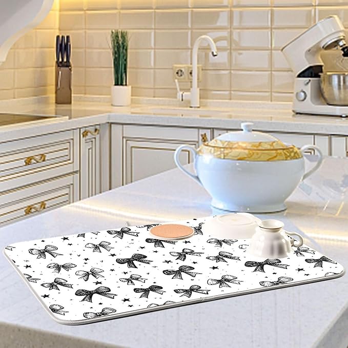 Black White Bowknot Dish Drying Mat for Kitchen Countertop 16x18 Rectangle Bow Small Drying Mat Reusable Quick Dry Dish Sink Absorbent Mats Dishwasher Easy Clean Decorative Home Decor Essentials