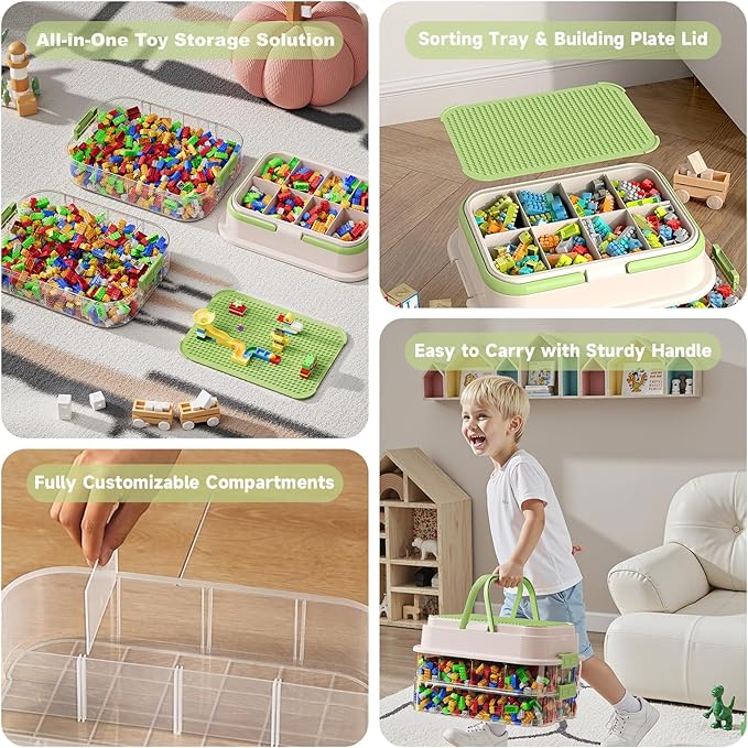 Toy Storage Organizer Box with Handle, Stackable Building Block Toy Box with Building Plate Lid & Removable Sorting Trays, Cubby Bins and Containers 1 Layer (Green)