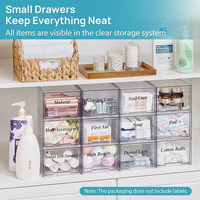 Vtopmart 8 Pack Clear Small Stackable Storage Drawers,Acrylic Bathroom Makeup Organizer,Plastic Storage Bins For Vanity, Undersink, Kitchen Cabinets, Pantry, Home Organization