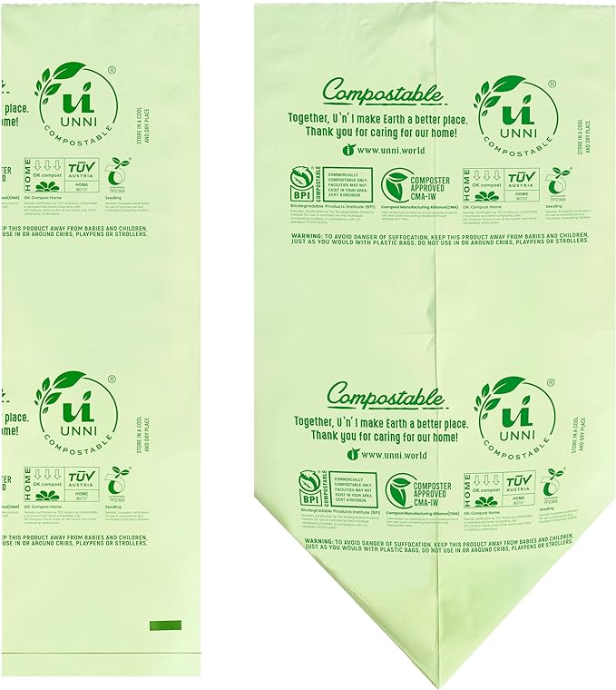 UNNI Compostable Trash Bags, 13 Gallon / 49.2 Liter, 100 Count, Extra Thick 0.9 Mil Tall Kitchen Food Scrap Bin Liners, Certified by BPI, CMA & OK compost HOME, Meets the ASTM D6400 Standard