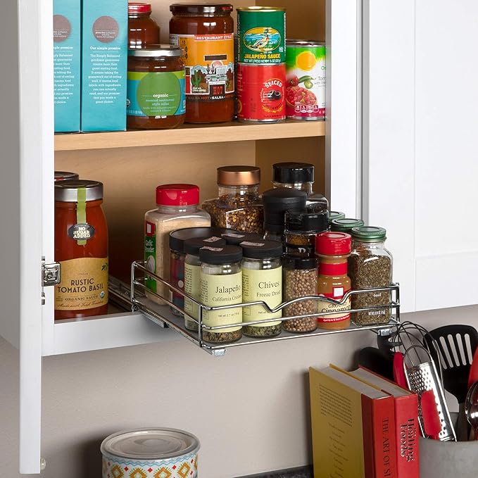Pull Out Cabinet Organizer for Spices, Cans - Heavy Duty with Lifetime Limited Warranty- Pull Out Spice Rack- Cabinet Pull Out Shelf for Cans,Dishes, Etc, 10"W x 10"D x 2-1/8 H, Chrome
