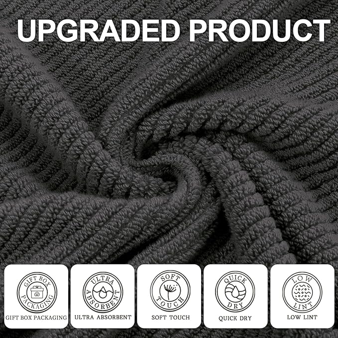 VOOVA & MOVAS Gray Towels - 100% Cotton | Lightweight | Quick Dry | Thick | Soft, Towel Set of 6, 2 Large Bath 30" x 56", 2 Hand 18" x 28", 2 Washcloths 13" x 13", Towel Gift Set, Dark Grey