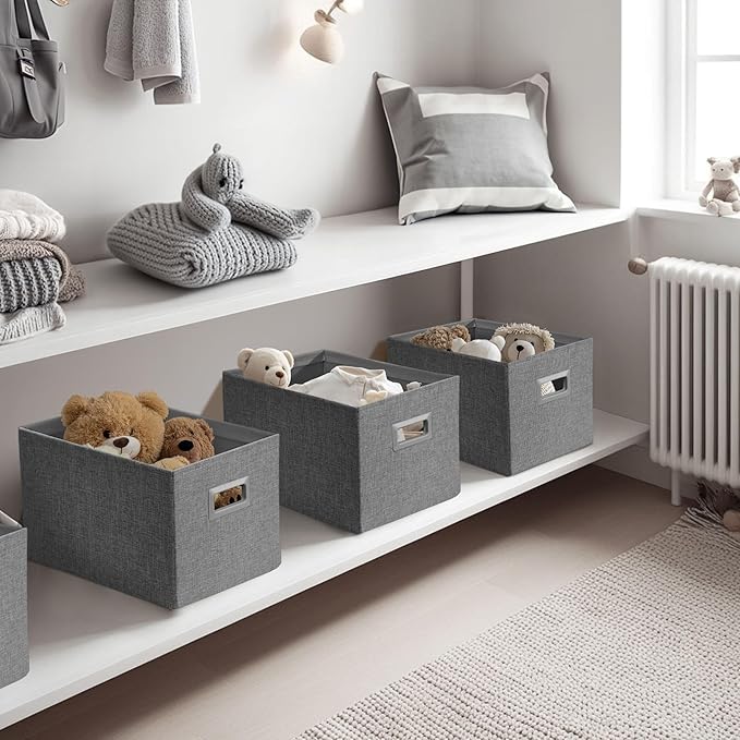 DECOMOMO Storage Bins for Shelves Robust Fabric Closet Bins for Shelves Toy Storage Clothes Books (Pack of 3 – Charcoal)