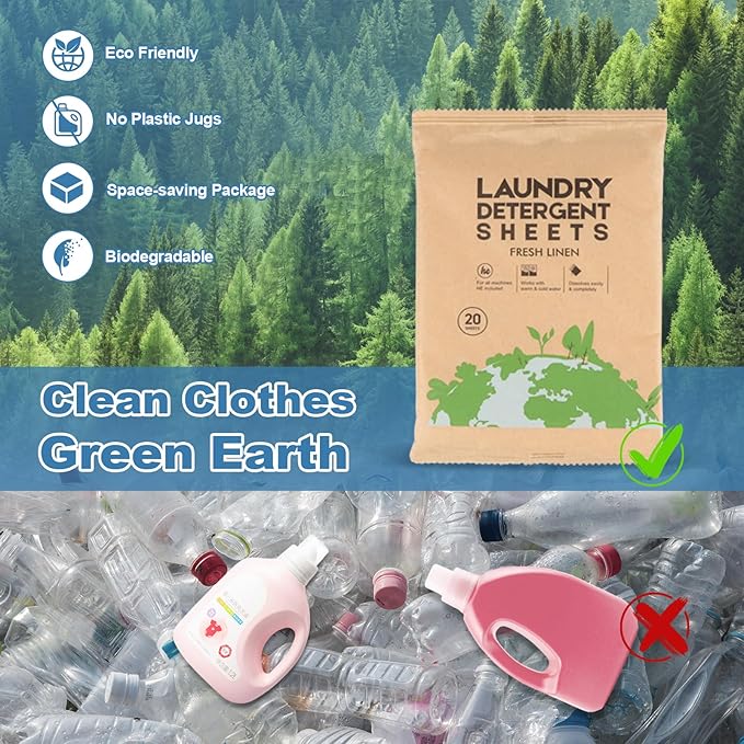 Laundry Detergent Sheet, Eco-Friendly & Hypoallergenic Wash Strips, Natural Ingredients, Ultra-Concentrated, Travel-Ready, No Plastic Jug- Unscented, (120 Loads) 60 Sheets
