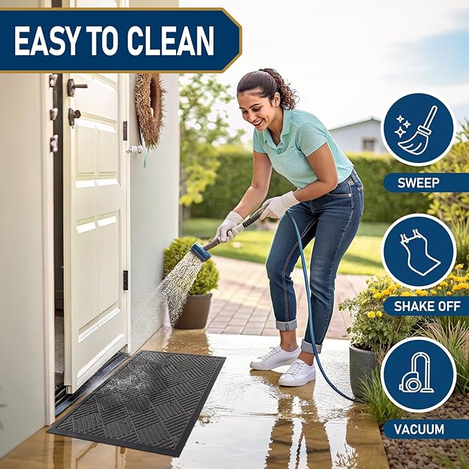 Smiry Front Door Mat Outside Entrance, Heavy Duty Outdoor Indoor Natural Rubber Doormat, Non Slip, Trap Dirt and Moisture, Easy Clean, Low Profile Patio Porch Entryway Mat, 59x23, Grey