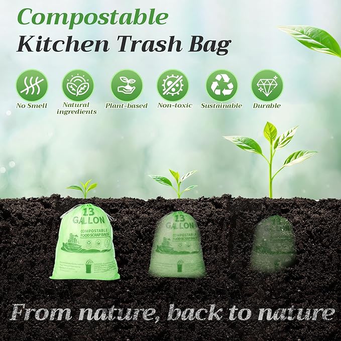 Amyhill 50 Count Compostable Kitchen Trash Bags 13 Gallon Compostable Drawstring Kitchen Waste Garbage Bags 49.2 Liter, 1.575 Mil for Bathroom Home Bedroom Office Garbage
