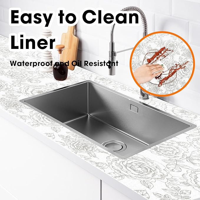 Drawer and Shelf Liner for Kitchen Cabinets Non-Adhesive, Non-Slip Cabinet Liner Shelf Paper Strong Grip Waterproof Easy to Clean for Kitchen Shelves Cupboard, Flower,23.6IN X 20FT