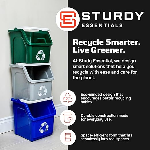 6 Gallon Stackable Recycling Bins for Homes, Garages, Offices Made of 100% Recycled Plastic - (Blue, 3 Pack)