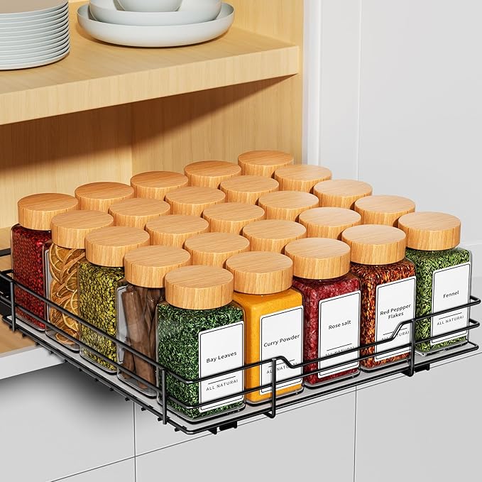 RCHYFEED Pull Out Spice Rack Organizer for Cabinet,Slide out Spice Organization for Inside Cabinets,Heavy Duty Seasoning Organizer Fits Kitchen and Pantry,Sauces,Canned (10.5''Wx10.5''Dx2.5''H)