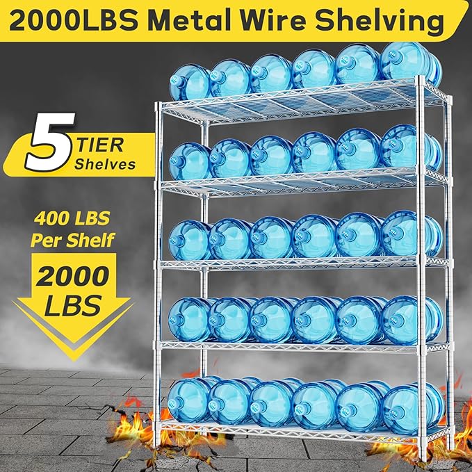 Storage Shelves, 48" L x 20" W x 72" H Heavy Duty Garage Wire Shelving Unit Loads 2000LBS, 5-Tier Adjustable Metal Industrial Utility Shelf Rack for Kitchen, Laundry Room, Basement