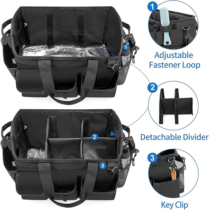 LoDrid Large Wearable Cleaning Caddy Bag with Detachable Divider, Cleaning Supply Tote with Handles, Organizer with Adjustable Shoulder Strap for Cleaners & Housekeepers, Black