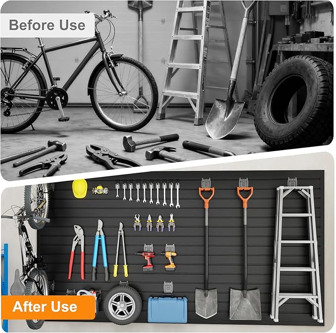DoCred Slatwall Paneling Organizer, 4x2 FT PVC Garage Slat Wall Storage Systems, Heavy Duty Mounted Slat Peg Board for Tool Organization Ladder Bike Includes 20 PCS Hooks Accessories Kit (Black)