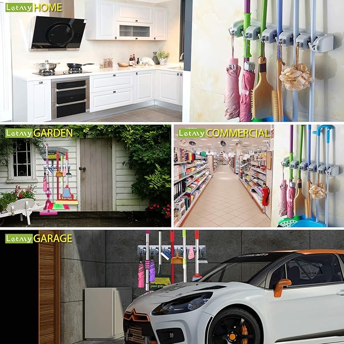 LETMY Broom Holder Wall Mounted - Mop and Broom Hanger Holder - Garage Storage Rack & Garden Tool Organizer - 5 Position 6 Hooks for Home, kitchen, Garden, Tools, Garage