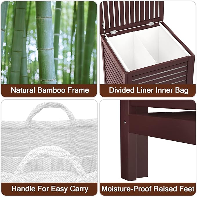 Homykic Bamboo Laundry Hamper with Lid, 120L Large Clothes Laundry Sorter with Removable 2-Section Liner Bag, Raised Laundry Basket Organizer for Clothing, Bathroom, Bedroom, Laundry Room, Espresso