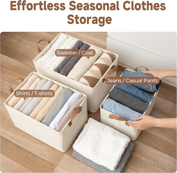 StorageWorks Storage Bins, Shelves Baskets for Organizing, Fabric Closet Organizers with Handles, Metal Frame, Beige（Texture）, 2-Pack