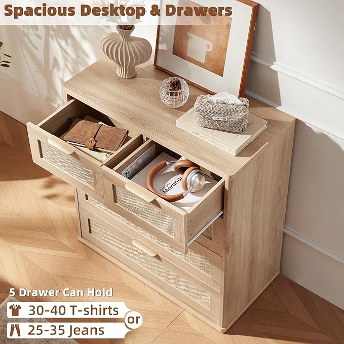 LEYAOYAO Rattan Dresser for Bedroom Set of 2, 33.5" Tall Chest of Drawers, Modern 5 Drawers Boho Dressers with Storage, Light Oak Dresser Wooden Closet Organizer for Living Room, Hallway, Natural Wood