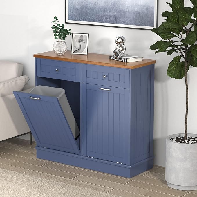Betterhood Tilt Out Trash Cabinet 10 Gallon Wooden Free Standing Laundry Sorter Cabine,Recycling Cabine with Hideaway Drawer,Tilt Out Trash Cabinet Can Bin Kitchen