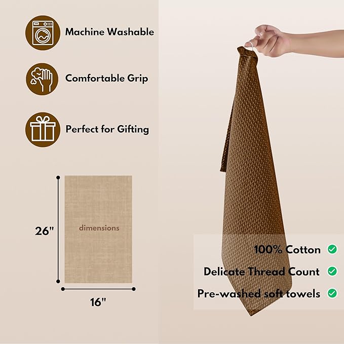 Native Fab Waffle Weave Dish Towels 12 Pack 100% Cotton, 16x26 Inches, Super Absorbent, Quick Dry, Waffle Knit Dishcloths with Hanging Loop, Washable for Kitchen Cleaning, Drying Dishes, Brown