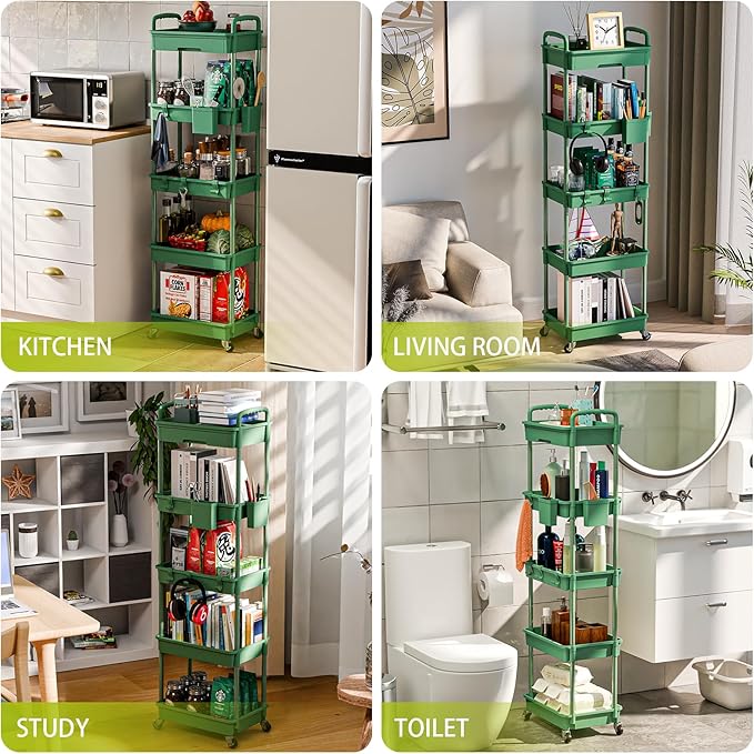 5 Tier Rolling Cart Organizer,Bathroom Cart Organizers with Wheels Laundry Room Organization Mobile Shelving Unit Utility Cart Storage Shelves Multi-Functional for Office, Home(Green)