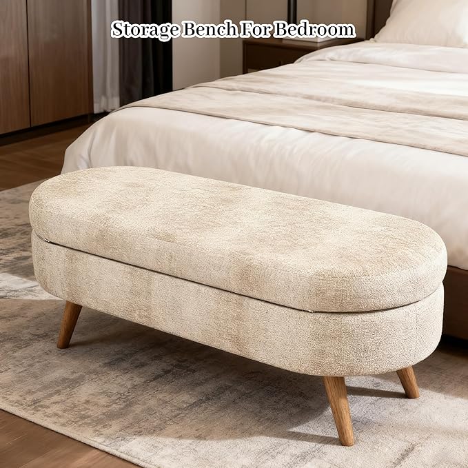 Storage Bench, 43" Storage Ottoman Bench, Shoe Storages Benches for Bedroom, Upholstered Entryway Benches with Seating, Rubber Wood Legs for Bedroom, Living Room, Entryway, Bed Side, Brown