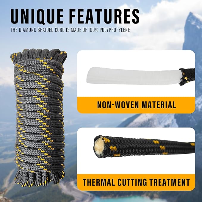 Diamond Braided Polypropylene Rope Nylon Rope Mix Thick Heavy Duty Ropes 1/2 inch 50ft High Strength Perfect for Clothesrope Camping Hiking and Other Outdoor Activities Black 50ft