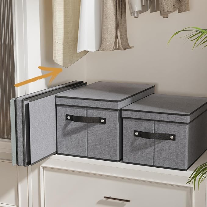 Fabric Storage Boxes, 7.1 x 9.1 x 13 Inch Baskets for Shelves with Lids, Wardrobe Organiser with Handles, Decorative Linen Closet Organizer Bins, Gray, 3 Pack