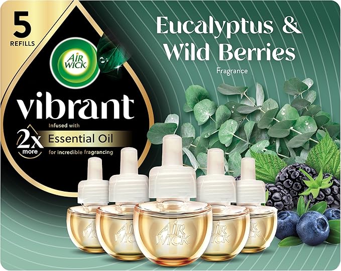 Air Wick Plug In Scented Oil Refills, Eucalyptus + Berries, Air Fresheners for Home Long Lasting, Room Fresheners,Air Freshener Plug In, Essential Oils, Home Essentials for Small&Large Spaces,5 ct