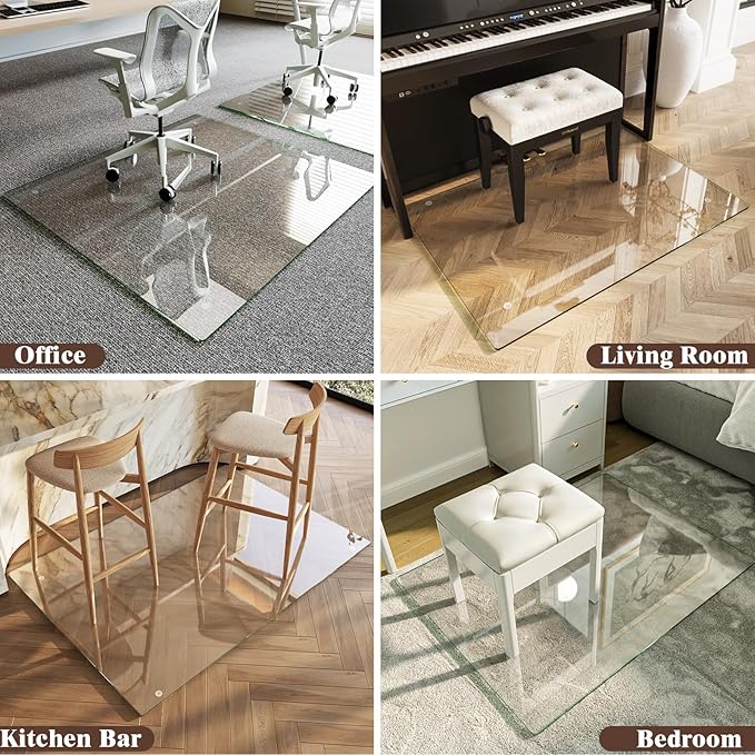 Koonmi Tempered Glass Chair Mat 40"x48" - Premium Office Chair Mat for Hardwood Floors & Low-Pile Carpet with 4 Non-Slip Pads - Thick Scratch-Resistant Surface